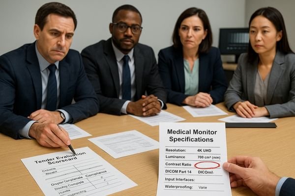 An image of a tender evaluation committee reviewing a stack of documents, with a close-up on a medical monitor's spec sheet highlighted with a red marker.