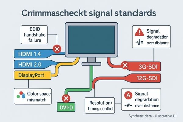 An infographic showing a tangled web of different cable types (HDMI, DisplayPort, DVI, SDI) all converging on a single surgical display, with warning symbols at each connection point.