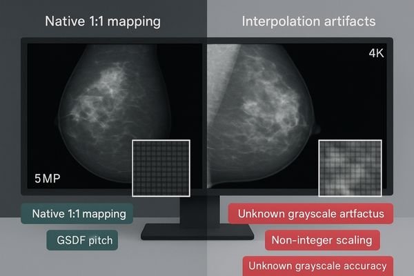 A side-by-side comparison. One side shows a mammogram correctly displayed on a 5MP monitor. The other side shows the same image on a larger 4K consumer TV, with visible scaling artifacts and loss of detail.