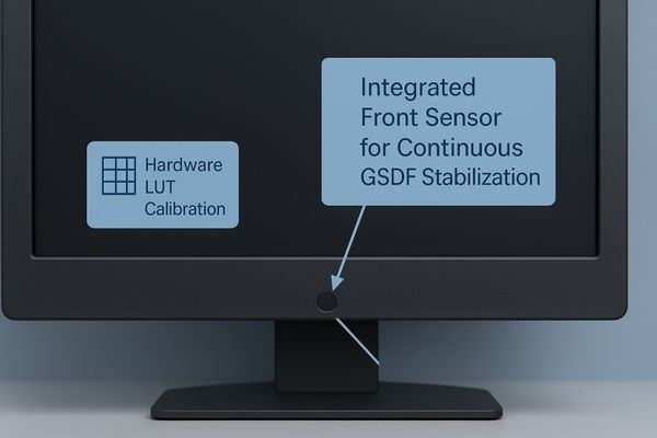 An image of a high-end diagnostic monitor with a callout pointing to the small, integrated front sensor at the bottom of the bezel, labeled 