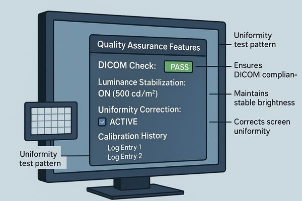 An image showing a diagnostic monitor's on-screen display menu, highlighting QA features like 