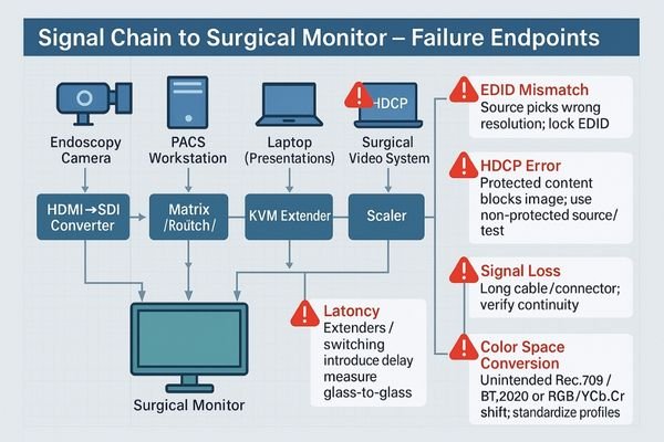 An infographic flowchart showing multiple signal sources (camera, PACS, laptop) all feeding into one monitor, with red warning icons indicating potential points of failure like