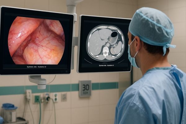 In the OR, a surgeon views two side-by-side monitors—endoscopic video on the left and a CT scan on the right—showing mismatch in brightness and color