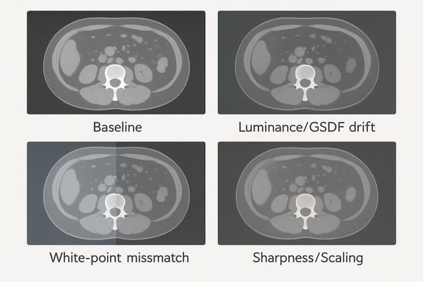 A graphic illustrating different types of display inconsistency: one screen bright, one dim; one with a blue tint, one with a yellow tint; one sharp, one blurry.