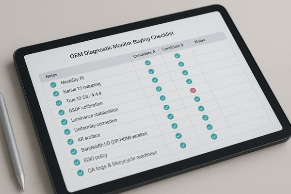 A clean, modern checklist graphic that an OEM procurement manager could use to evaluate and compare different diagnostic monitors.