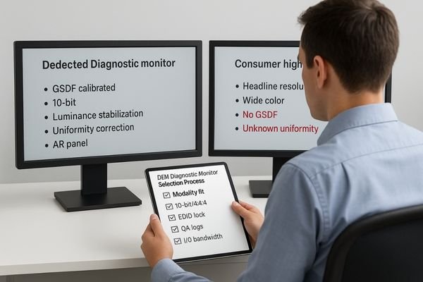 An image of an OEM engineer looking at a specification sheet with a checklist, carefully comparing a dedicated diagnostic monitor with a high-resolution consumer display.