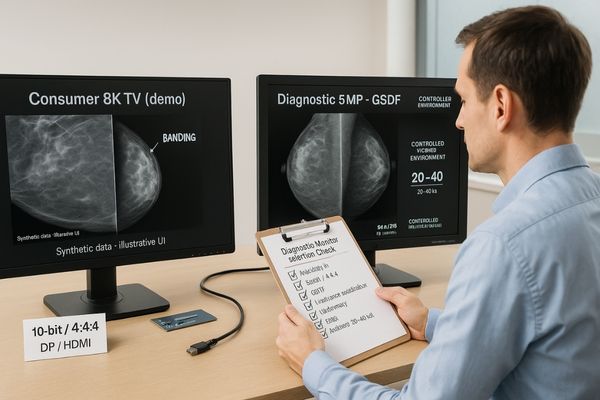 Engineer compares two displays at a desk: consumer 8K panel showing grayscale banding vs. 5MP diagnostic monitor labeled GSDF and controlled environment; selection checklist in hand
