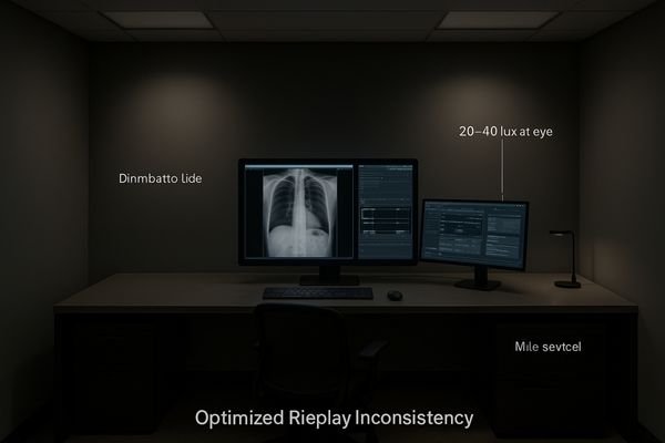 An image of a well-designed radiology reading room featuring dimmable overhead lights, blackout blinds on windows, and monitors with bias lighting.