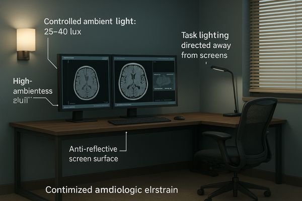 A well-designed radiology reading room. The diagnostic monitors are bright, ambient light is controlled with blinds and focused task lighting, and there are no visible sources of glare on the screens.