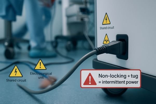 An image depicting a crowded operating room floor with cables being accidentally kicked or pulled by staff, putting strain on a non-locking power connection.