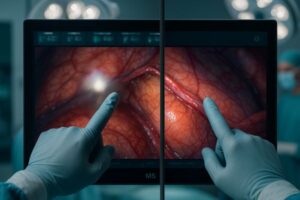Split surgical display—smudged glare vs clean fingerprint-resistant screen.