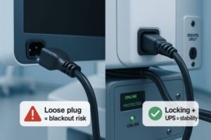 Side-by-side surgical display power: loose non-locking plug with small spark vs locking connector on medical-grade UPS, showing blackout risk.