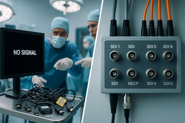 OR interface failure vs standardized SDI—left “No Signal” with adapters, right tidy SDI patch panel.