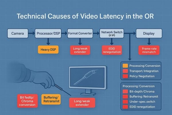 A complex flowchart showing different components in an OR video chain (camera, processor, extender, switch, display) with red warning signs at potential latency-inducing points.