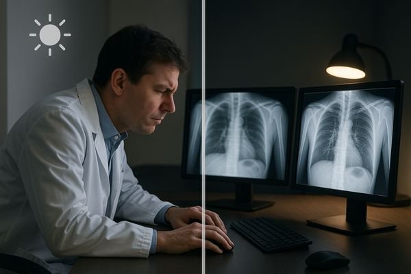 Split radiology reading—left dim/washed out, right bright calibrated monitor.