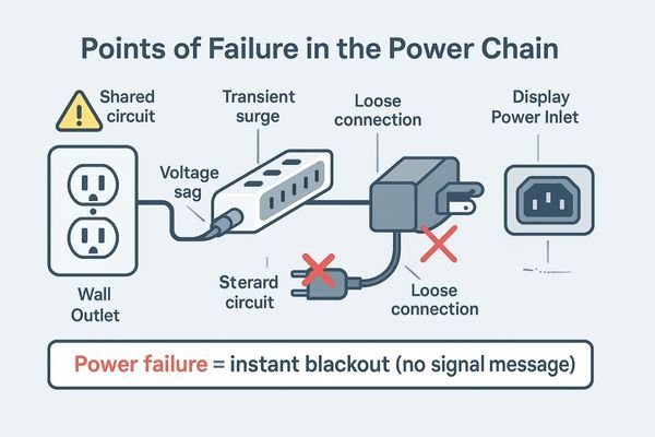 A diagram illustrating the power chain from the wall outlet, through a power strip, to the adapter, and finally to the display. Red 