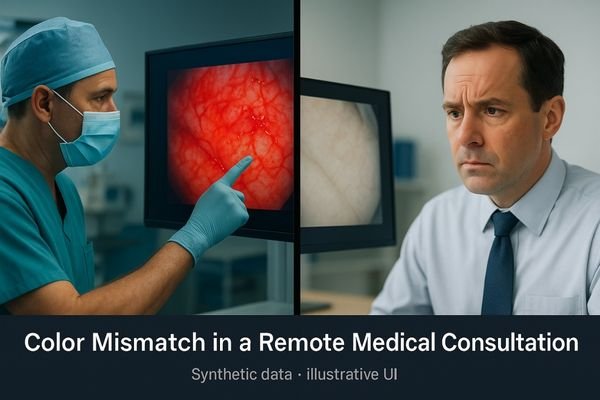 An image showing a split-screen video conference. On the left, a surgeon points to a reddish area on a surgical display. On the right, a remote consultant looks puzzled at their own screen, which shows the same area with a pale, washed-out color.