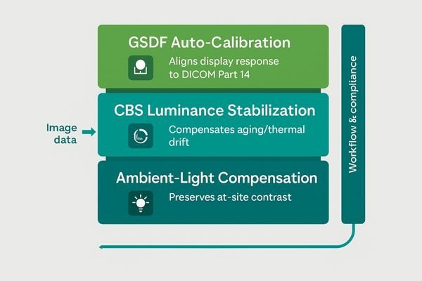 A diagram showing the three layers of Reshin's technology: GSDF Auto-Calibration, CBS Luminance Stabilization, and Ambient-Light Compensation working together.