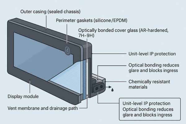 A cross-section diagram of a surgical display showing the different layers of protection: outer casing, gaskets, optically bonded cover glass, and sealed I/O ports.