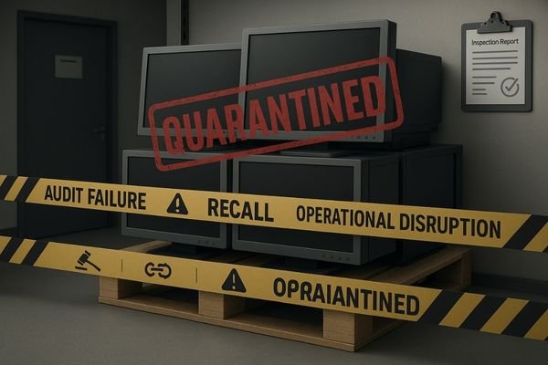 An image showing a stack of non-compliant monitors with a large 
