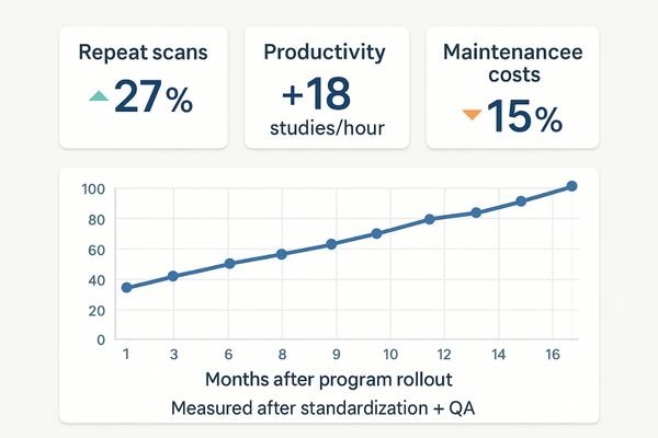 A dashboard graphic showing ROI metrics: a decrease in repeat scans, an increase in radiologist productivity, and a reduction in maintenance costs.