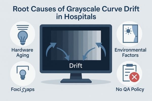 An infographic showing three root causes pointing to a drifting monitor: an icon of an aging backlight, an icon of a bright window causing glare, and an icon of a checklist with a red 