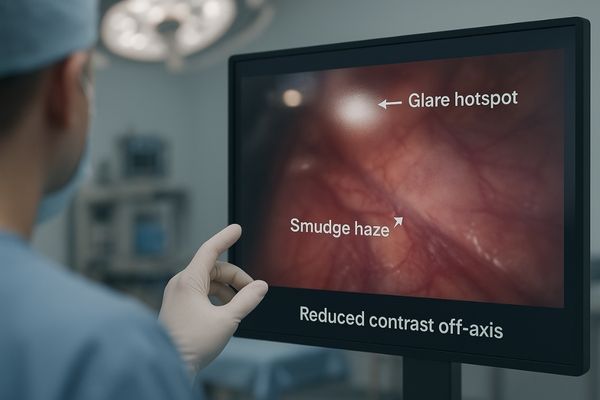 An image from the perspective of a surgical team member standing off to the side, looking at a large display. The screen is covered in fingerprints and smudges, creating significant glare that makes the anatomical image difficult to read from their angle.