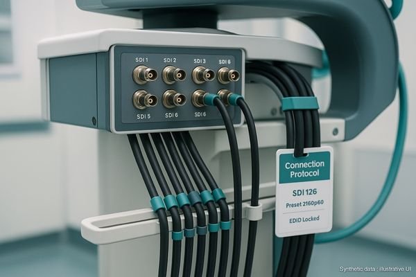 An image of a clean, well-organized OR equipment boom. All cables are managed neatly and use the same type of connector (SDI), plugging into a clearly labeled patch panel.