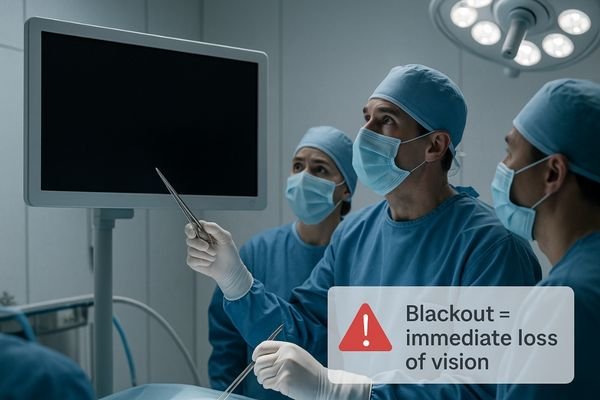An illustration showing a surgeon and assistants looking up in alarm at a blank surgical display, their instruments paused mid-air, conveying a sense of sudden crisis.