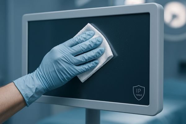 An image of a gloved hand carefully wiping down a sealed, modern surgical display with a disinfectant cloth.