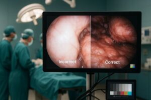 Surgical display showing split endoscopic view—left highlight clipping/black crush, right correctly calibrated Rec.709/BT.1886; OR team blurred in background.