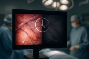 OR monitor time-lapse showing intraoperative dimming—left bright, right dimmer; clock overlay; staff blurred.