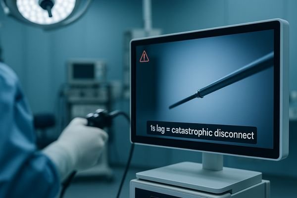 A dramatic image showing a blurred surgeon's hand moving a tool, while the corresponding image on the surgical display is a sharp but delayed frame from a second earlier.