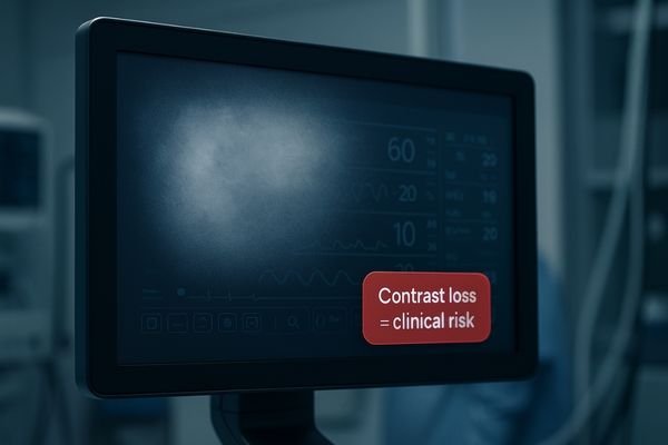 A dramatic photo of a surgical display with a large, hazy patch in the middle of the screen caused by chemical damage, rendering it unusable.