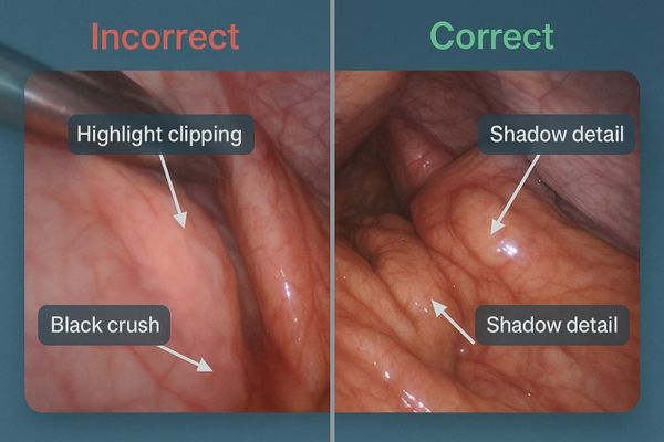An image showing a side-by-side comparison of a surgical view. The 