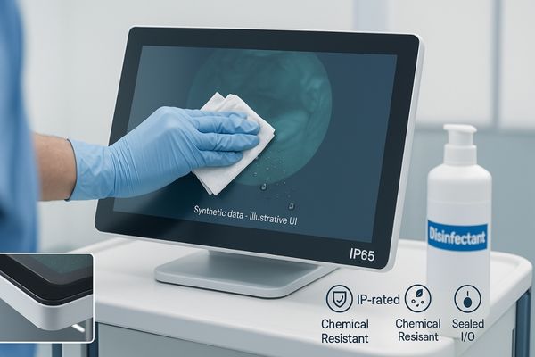 Gloved hand wipes a sealed surgical monitor with a disinfectant wipe; synthetic endoscopic UI on screen, IP65 marking, disinfectant bottle, and inset of sealed bezel