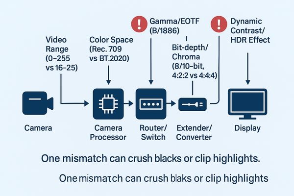 A flowchart of a surgical video chain with multiple red warning icons at points like 
