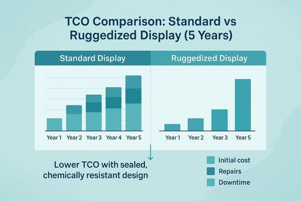 A simple chart showing the TCO of two displays over 5 years. A standard display has a low initial cost but high, frequent repair costs. A ruggedized display has a higher initial cost but near-zero repair costs, resulting in a lower overall TCO.