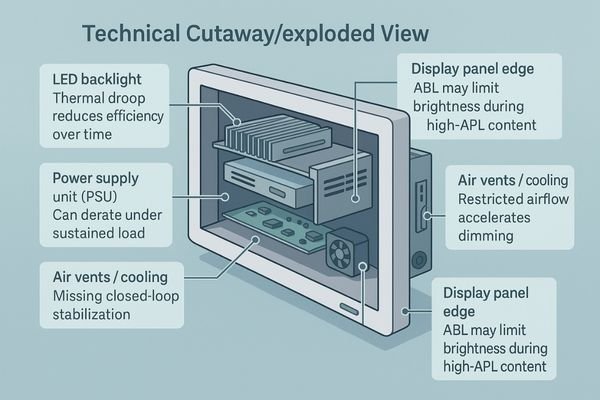 A diagram illustrating the inside of a surgical display, with callouts pointing to the LED backlight, the power supply unit (PSU), and air vents, highlighting them as potential sources of dimming.