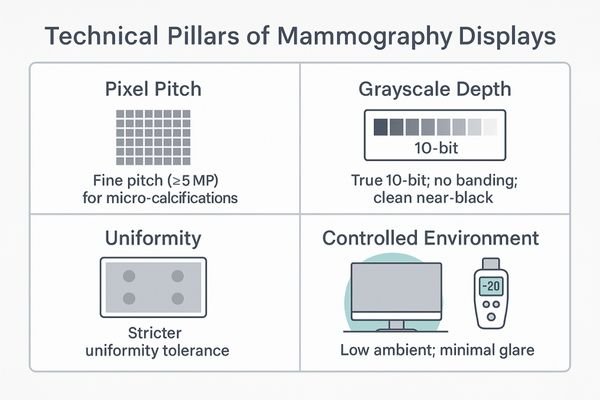 An infographic breaking down the key technical pillars for mammography displays: Pixel Pitch, Grayscale Depth, Uniformity, and Controlled Environment.