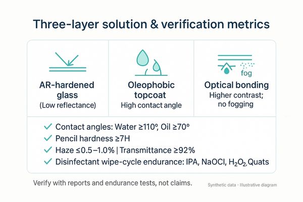 An infographic showing the three layers of the recommended solution (Glass, Coating, Bonding) and connecting them to key verification metrics (Contact Angle test, Pencil Hardness test, and a Wipe Cycle endurance test).