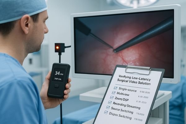 An image of a medical technician using a latency tester on a surgical display, with a checklist nearby confirming the system passes under various conditions (multiview, recording).