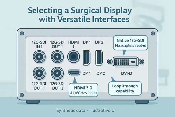 An image showcasing the back panel of a surgical display, highlighting a variety of input ports like 12G-SDI, HDMI 2.0, and DisplayPort, indicating versatile connectivity.