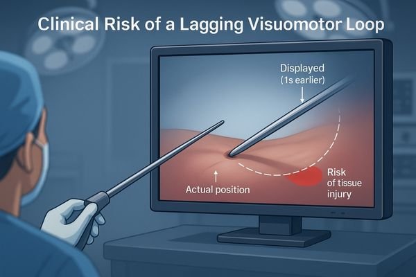 An illustration showing a surgeon's view. Their hand has stopped an instrument at a target location, but on the lagging screen, the instrument still appears to be moving, causing them to overshoot the mark.