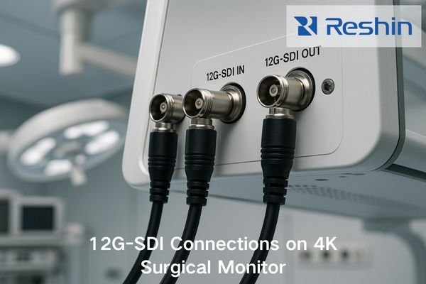 A close-up of BNC SDI connectors on the rear panel of a 4K surgical monitor, with cables routed toward ceiling-mounted OR equipment.