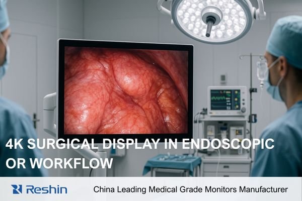 An image of a 4K surgical display showing high-contrast endoscopic tissue details in a brightly lit operating room.