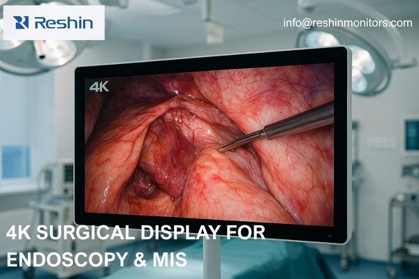 4K surgical monitor showing high-contrast endoscopic tissue in a bright OR.
