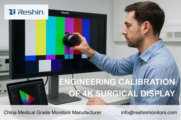 An image of an engineer performing calibration on a 4K surgical display using measurement tools in a controlled OR integration lab.