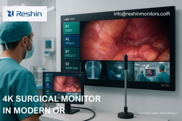 4K surgical monitor in a bright OR, showing a clear endoscopic view.