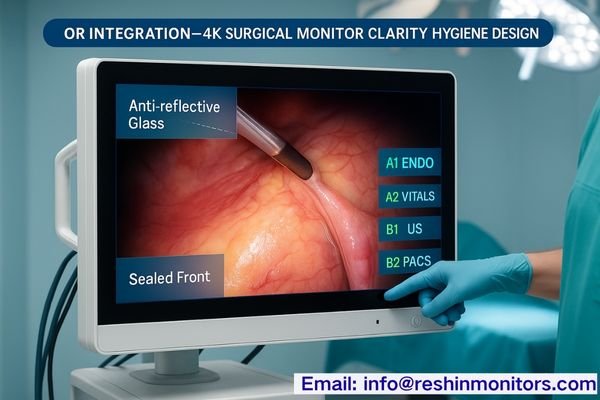Consul General Ms. Mariam Alshamsi observing Reshin’s OR integration testing area for 4K surgical display reliability and hygiene design.